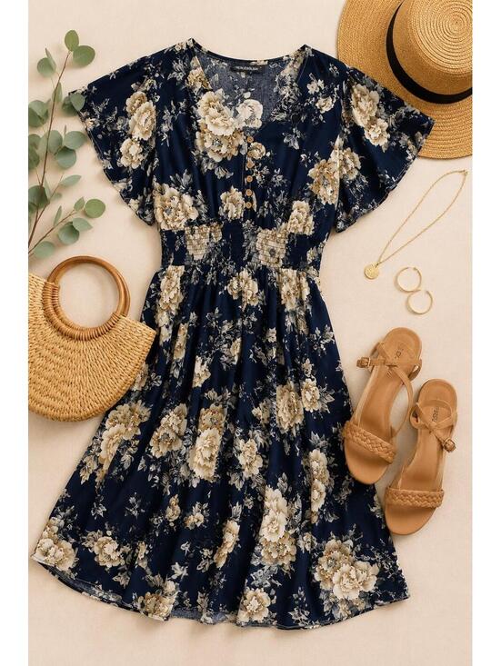 Dresses & Skirts - NERLEROLIAN Navy Floral Midi Dress XL Boho Smocked Waist Flutter Sleeve